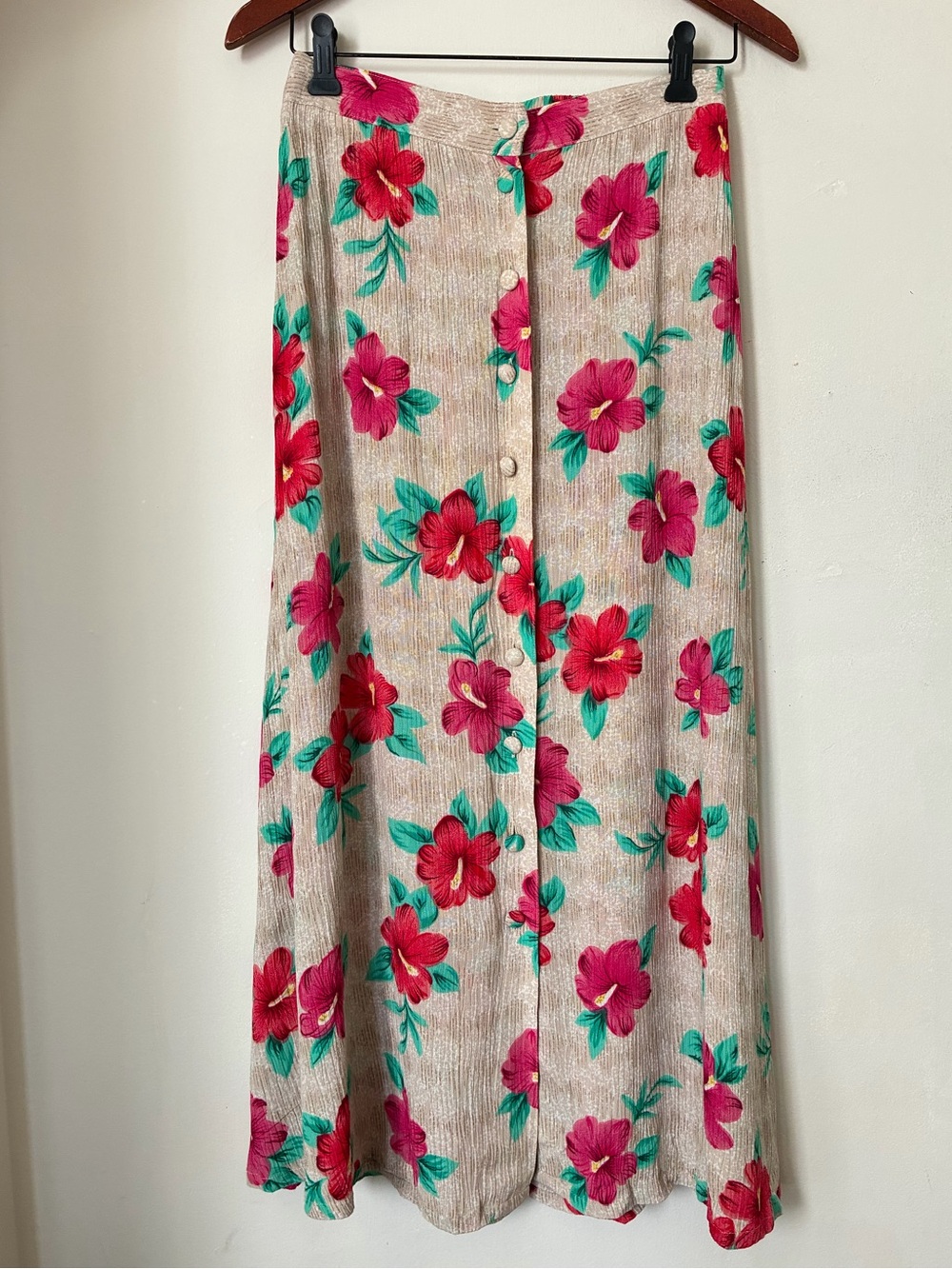 Sag Harbor VTG Floral Maxi Skirt Hibiscus Rayon Tan Pink L Cottagecore Fall